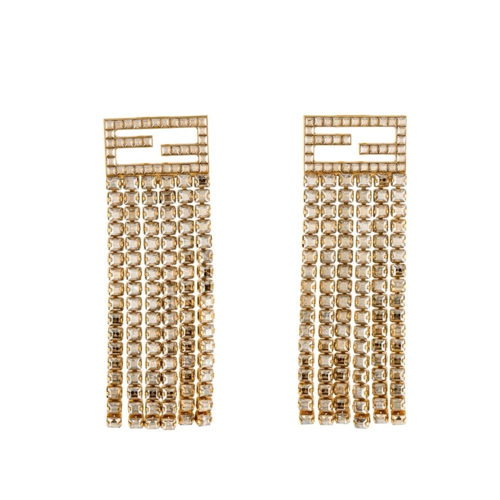 FENDI FF CRYSTAL GOLD TONE DRAPE EARRINGS clip ons